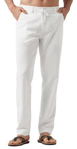Willit Men's Linen Pants Casual Linen Dress Pants Drawstring Beach Summer Lightweight Trousers White 38W x 30L