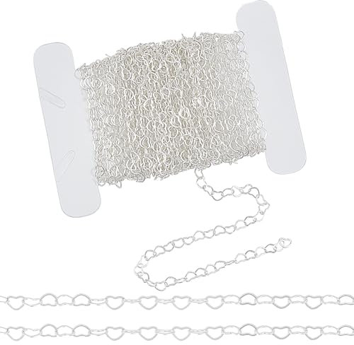 GOMAKERER 5 m Catena A Maglie A Forma di Cuore In Ottone Da, Set di Catene Non Finite con Carta di Carta Impilabile Alla Moda per Gioielli Fai Da Te Risultati per Bracciali e Cavigliere, Argento