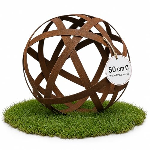 Der-Porzellan-Laden wetterfeste Gartendeko für draußen, Edelrost Gartenkugel aus Metall, offene Streifenoptik, Terrassen Deko & Deko für Balkon, Größe L, ca. 50 cm Durchmesser