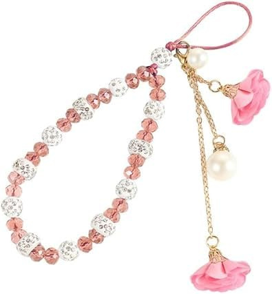 Opemg 1 x pinkes Handy-Armband mit Glitzer, Handschlaufe, Blumenanhänger, kurze Kordel für Handyhüllen-Dekoration, einfache Installation, Handy-Charm-Zubehör, Kurz, Kunststoff Metall, Achat
