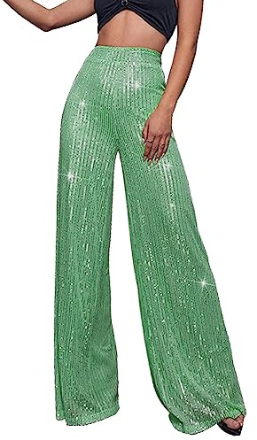 Generisch Pailletten Hose Damen Glänzend Schlaghose Elastische Hohe Taille Glitzerhose Extra Lang Bootcut Pailettenhose Sparkle Glitter Hosen Weites Bein Sommer Freizeithose Große Größen Damenhose