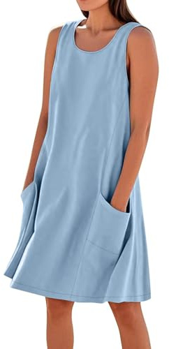 Vestidos cortos de verano de lino y algodón sin mangas para mujer, con bolsillos y tirantes, talla grande, tendencia
