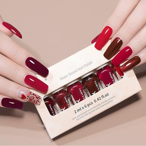 Shiny Red Nail Polish Set - 6Pcs Burgundy Glitter Red Nail Varnish Kit Quick Dry - Long Lasting & Chip Resistant, Trendy Water Based Holographic Nail Polish for Women & Girls DIY Manicure Decoration