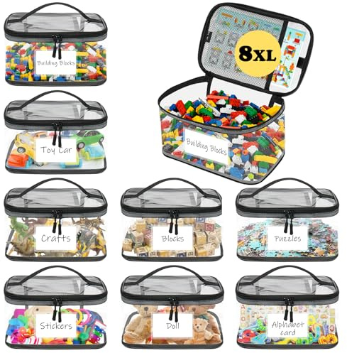 8 bolsas de almacenamiento de PVC para juguetes, juguetes | 30 x 20 x 15 cm, transparente, impermeable, con cremallera y compartimentos de malla, para niños, rompecabezas