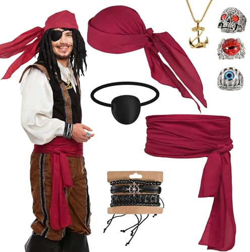 GOLDGE 8 Stück Piratenkostüm Herren Damen Zubehör, Pirat Kostüm Pirate Accessories mit Piratentuch Taillengürtel Halskette Armbänder Augenmaske Ring für Karneval Halloween Cosplay