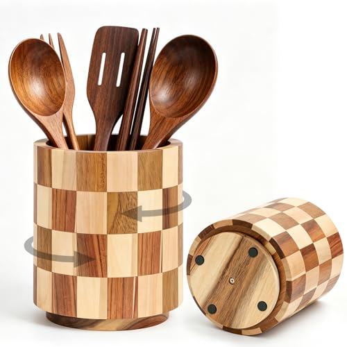 HuiJuKeJi Wooden Utensil Holder 360°Rotating kitchen utensils holder 7 inch utensil pot for Kitchen, Farmhouse Countertop Decor, Spatula Holders, Checkered