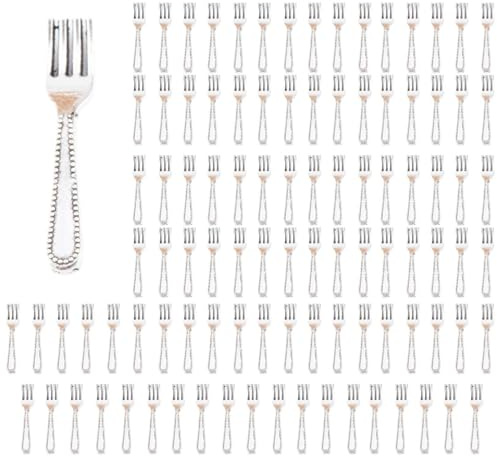 Fonowx 100 Pezzi in 1/12 di Piatti per Casa delle Bambole, Stoviglie per Casa delle Bambole, Ornamenti, Giocattoli per Giochi di Ruolo, Cucchiai, forchetta d'Argento