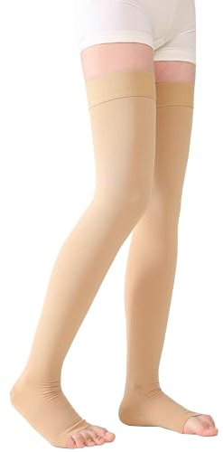 TOFLY Oberschenkel Kompressionsstrümpfe mit Offener Spitze, Medizinische Klasse Kompression Socken 20-30 mmHg (Klasse KKL II CCL 2), Abgestufte Stützstrümpfe mit Silikonband, 1 Paar Beige L