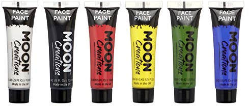 Moon Creations Tubes de peinture pour le visage et le corps | Peinture pour le visage prête à l'emploi | Sans cruauté | pour enfants, adultes, blanc, jaune, bleu, noir, vert, rouge, 12 ml