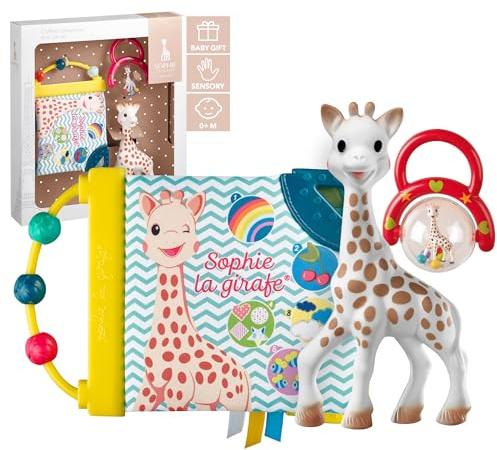 Sophie la Girafe Geburtsset mit Erlebnisbuch und Rassel für Baby | 100 % Naturkautschuk mit Kugelrahmen, Beißring und raschelndem Papier | perfekte Geschenkidee für Mädchen oder Jungen