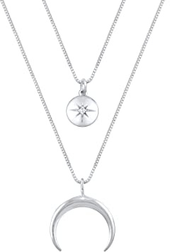 Elli Halskette Damen mit Halbmond Stern Plättchen Zirkonia im Layer Look | 925 Silber 45 cm Länge