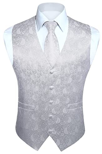 HISDERN Anzugweste für Herren Weiß Paisley Hochzeit Weste Krawatte Einstecktuch Jacquard Weste Herren Anzug Set Elegant Party Silber XL