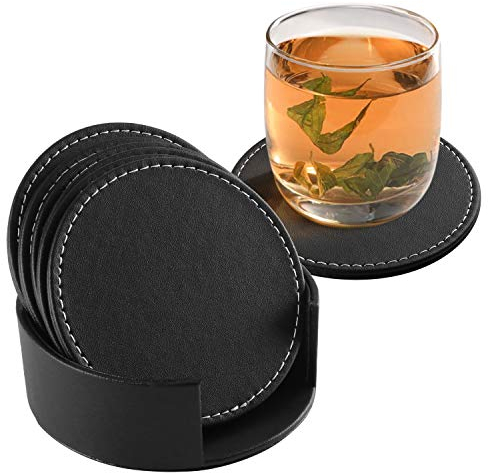 Fippy 6 Stücke Untersetzer Gläser Leder Glasuntersetzer Schwarz Anti-Rutsch Leder Getränkeuntersetzer für Gläser Coffee Bar, mit Untersetzer Halter