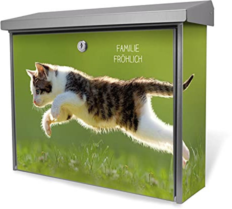 banjado® Burgwächter Briefkasten Edelstahl 38,5x31,5x12cm mit Motiv Jagende Katze/Briefkasten Edelstahl ohne Zeitungsfach/Briefkasten grau/Postkasten inkl. Montagematerial & 2 Schlüsseln