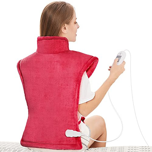 Electric Heating Pad for Back Neck and Shoulders 60x100cm, Heated Warmer with Waist Strap, 6 Heat Levels, Auto-Off Timer, Mia&Coco - Comfort Red