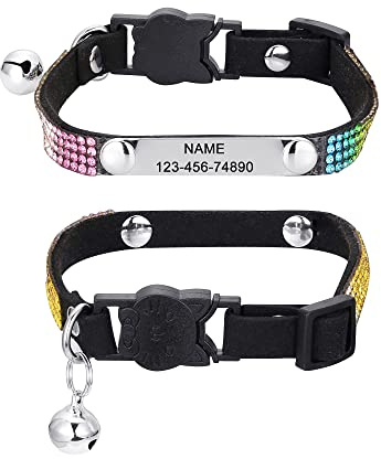 Mogokoyo Katzenhalsband mit Namen und Telefonnummer Personalisiert Strass Katzenhalsband mit Sicherheitsverschluss Glöckchen Verstellbar Halsband für Katze Kitten (XS, Schwarz)