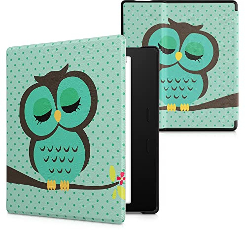 kwmobile Schutzhülle für Amazon Kindle Oasis 10. Generation Hülle - eReader Flip Case mit Auto Sleep Funktion - Eule Schlaf mit Türkis Braun Mintgrün