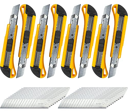 Firschoie 8 Stück Cuttermesser Profi, mit Ersatzklinge, Abbrechklinge, Klinge kann ersetzt werden, Rutschfester ABS-Griff einziehbar und doppelt verriegelt, Messer für Handwerk, Schneidearbeiten