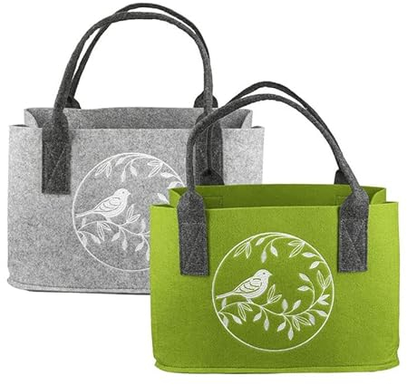 Filztasche Tasche Vogel auf Zweig grün weiß Bestickt 40x26x25 cm (BxHxT)