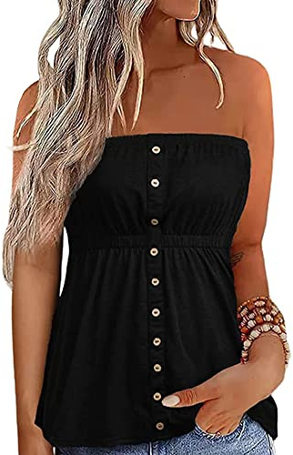 Flprinces Damen Tube Tops Ärmellos trägerlos rückenfrei Plissee Stretch Bandeau Tank Top Tunika Weste Hemd Bluse, D-a-schwarz, X-Large