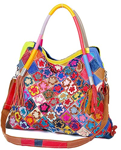 Segater Frauen Mehrfarbige Blume Tote Handtasche Designer 3D buntes Patchwork Umhängetasche Echtes Leder Portemonnaie Einzigartiger Reise-Shopper Schulranzen
