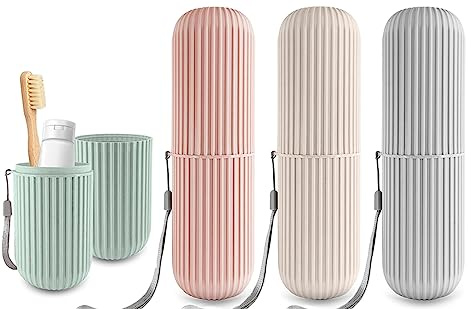 BUKYCAT 4 Stück Zahnbürsten Etui, Zahnputzbecher Reisen, Zahnbürstenbehälter, Zahnbürstenhalter Reisen, Zahnbürsten-Etui für Zuhause für Camping Reisen Wandern Zuhause (Grau Rosa Grün Weiß)