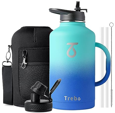 Trebo - Borraccia termica da mezzo gallone con manico, 1,9 l, a doppia parete in acciaio inossidabile, grande brocca, borraccia da viaggio con beccuccio per cannuccia, tazza con tasca portatile