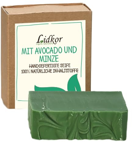 LIDKOR Feuchtigkeitsspendende Seife mit Avocado & Minze 100g | Reinigt und Pflegt die Haut - Hautpflege mit Olivenöl und Kokosöl - Handgemachte Naturseife - Vegan Handseife