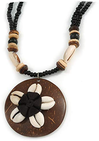 Avalaya Kräm/Brun Kokosskal Runt hänge med svart glaspärla kedja halsband - 41 cm L, En storlek, Glas Trä coco skal Glas snäckskal Trä