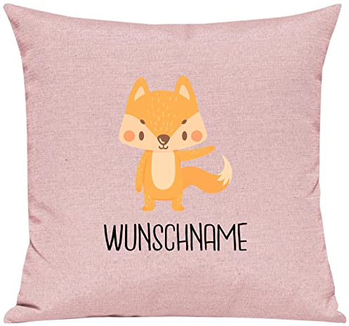 Kleckerliese Kissen inklusive Füllung Kissenbezug Kissenhülle 40x40cm Tiermotiv Wunschname Name Text Tiere Fuchs, Farbe Rosa