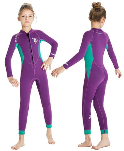 Kinder-Neoprenanzug für Mädchen, 2,5mm Neopren Badeanzüge für Kinder, Vorderer Reißverschluss und Lange Ärmel für Wärme im Kalten Wasser beim Schwimmen, Tauchen, Surfen und Schnorcheln,Lila,XL