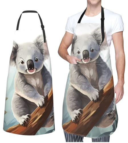 Dwrepo Kochschürze mit Koala- und Schmetterlingsdruck, wasserdicht, verstellbarer Hals, Küchenschürze mit Taschen, Kochschürze für Damen und Herren, Schwarz, Einheitsgröße, Schwarz, EinheitsgröÃŸe