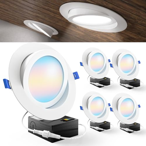 Sunco 4 Pack 6 Inch 5 CCT Gimbal LED Recessed Light Slim, 1350LM High Brightness, 2700K/3000K/4000K/5000K/6000K Selectable, 12W, Angled Directional Canless Downlight with JBox - ETL, FCC.