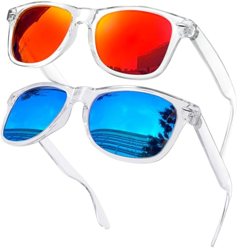 KANASTAL 2 Paia Occhiali da Sole Blu Arancioni Specchio Specchiati Polarizzati Uomo Donna Trasparenti Rossi Due Pezzi Quadrati Vintage Montatura Trasparente Blue Orange Sunglasses -Arancio + Azzurri