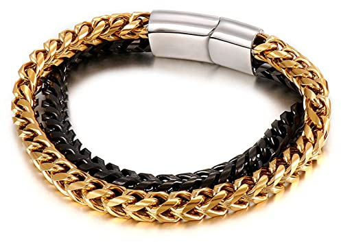 Wycian Armbänder für Herren Armspange, Herren Armband 22cm Edelstahl Doppelkette Breit 11mm Goldschwarz Kettenarmband für Jubiläum Geburtstag