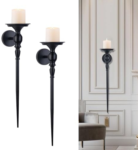 Wall Sconce Candle Holder Set of 2, Large Black Scepter Design Metal Wall Candle Holder, Home Wall Decoration for Living Room, Bathroom, Dining Room
