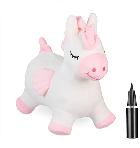 Relaxdays Hüpftier Einhorn, mit Bezug, inkl. Luftpumpe, Hopper bis 50 kg, BPA frei, Kinder ab 3 Jahre, Hopser, weiß/rosa