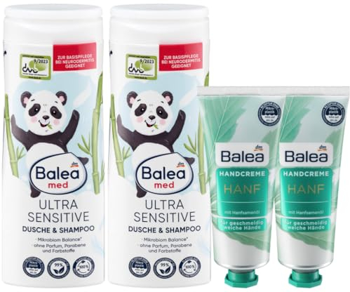 Balea 4er-Set Hautpflege: MED KIDS ULTRA SENSITIVE 2in1 Duschgel & Shampoo ohne Parfum, Parabene, Farbstoffe (2 x 300 ml) + 2 x Handcreme HANF intensive Pflege mit Hanfsamenöl (2 x 75 ml), 750 ml