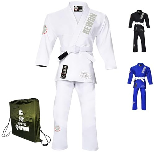 Rewon Gear Jiu-Jitsu-Gi, Jiu-Jitsu-Uniforme,Competizione Professionale, Tessuto di Alta qualità Arti Marziali, MMA, Karate, Taekwondo, Cotone, Uomini, Donne e Bambini (Bianca 02, S)
