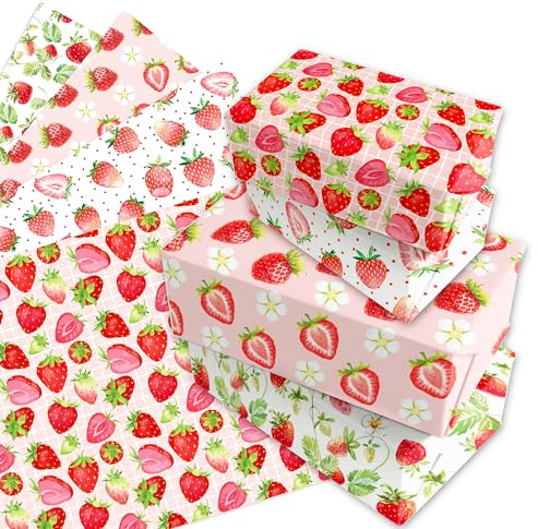 12 Blätt Erdbeer Geschenkpapier,Obst Motiv Doppelseitig Bedrucktes Geburtstag 4 Arten Blatt für Urlaub Party Geburtstag Geschenkpapier 50 x 68 cm