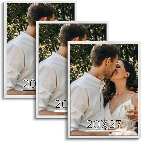 White 20x27 Frame Set of 3 - Rustic Woodgrain 20 x 27 Poster Frame with Plexiglass for Wall Gallery Display, 20x27 Picture Frame for Puzzles, Artwork, Photos and Posters - Ideal Christmas Day
