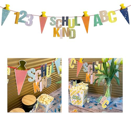 Oblique Unique Schulkind Girlande Einschulung - ABC 123 Deko Banner mit Zuckertüten - Einschulungsdeko für Schuleinführung Schulanfang Jungen und Mädchen