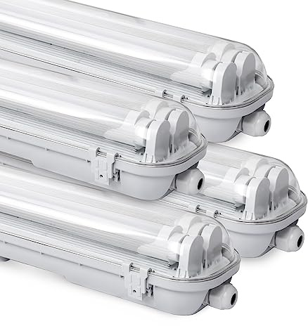 Fiqops LED Feuchtraumleuchte Wannenleuchte 120cm, 18W 3060LM Werkstattlampe, IP65 Wasserfest, mit Zwei T8 LED-Röhren, Kaltweiß 6000K Kellerleuchte Nassraumleuchte (4 Stück)