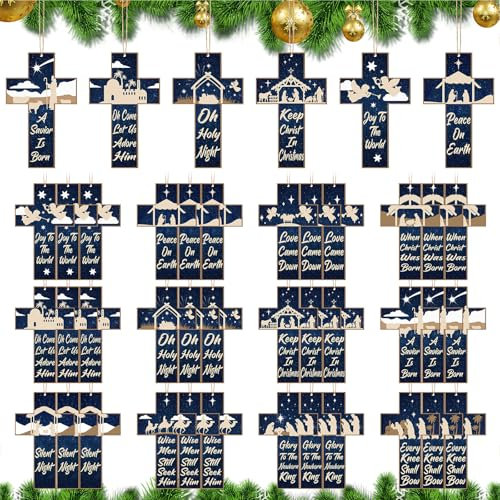 Soaoo 36 Stück Kreuz Krippenornamente Bulk für Weihnachtsbaum Holzkreuz Krippe hängende Ornament Bulk Geburt Jesu Christliche Ornamente für Heilige Familie religiöse Heimdekorationen, 12 Stile