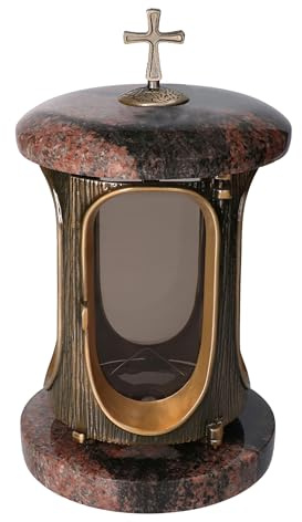 Stilvolle Grablaterne Granit Aurora India Höhe 23 cm/Ø 15 cm Stilvolle Granitlaterne Elegant Grablampe Grablicht Grableuchte Bronze mit sockel
