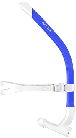 WACOOL Training Swim Snorkel Tube for Lap Swimming, Center-Mount Swivel Headband Ultimate Fit, Liquid Silicone Mouthpiece, One-Way Purge Valve, Anti-Splash Guard, for Adult Men Women (S201-Blue)