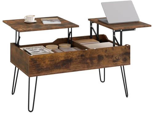 WOLTU Couchtisch höhenverstellbar, Beistelltisch mit doppelter Hebeplatten, Lift-Top-Tisch, Wohnzimmertisch, versteckter Stauraum,Rustikales Braun, Holzwerkstoff Metall,BTS14vbn