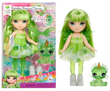 Rainbow High Littles Rainbow Fantasy Fairies & Pet - Emerald, Grün - 14 cm Kleine, Bewegliche Puppe & Fantasie-Drache mit Austauschbaren Feenflügeln, Süßes Geschenk für Kinder ab 4