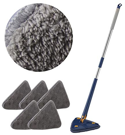 Mopa giratoria triangular ajustable de 360° con mango telescópico para limpieza de suelo, techo, ventana, pared, coche, color azul (incluye 2 paños de fregona)