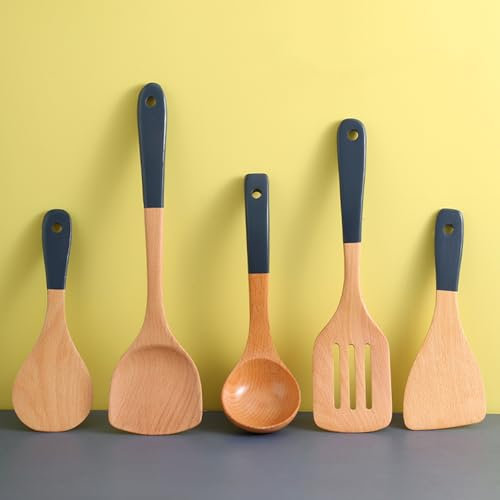 QTANZIQI 5 Morceaux de cuillères en Bois pour la Cuisson, Ustensiles de Cuisine en Bois Naturel en hêtre Naturel régler des Couverts en Bois pour la Cuisson des ustensiles de Cuisson en Bois spatule